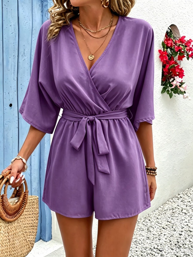 Womens Fashion V-neck Solid-color Linen Jumpsuit