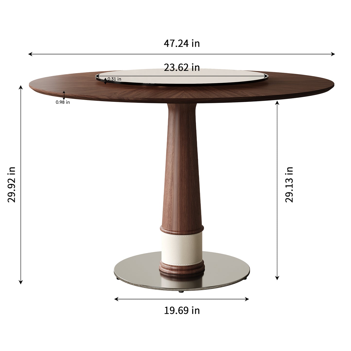 47 Inch Solid Wood Dining Table With 23 Inch Tempered Glass Lazy Susan  Stainless Steel Base Round Kitchen Table Retro Fashion Home Restaurant Office Table