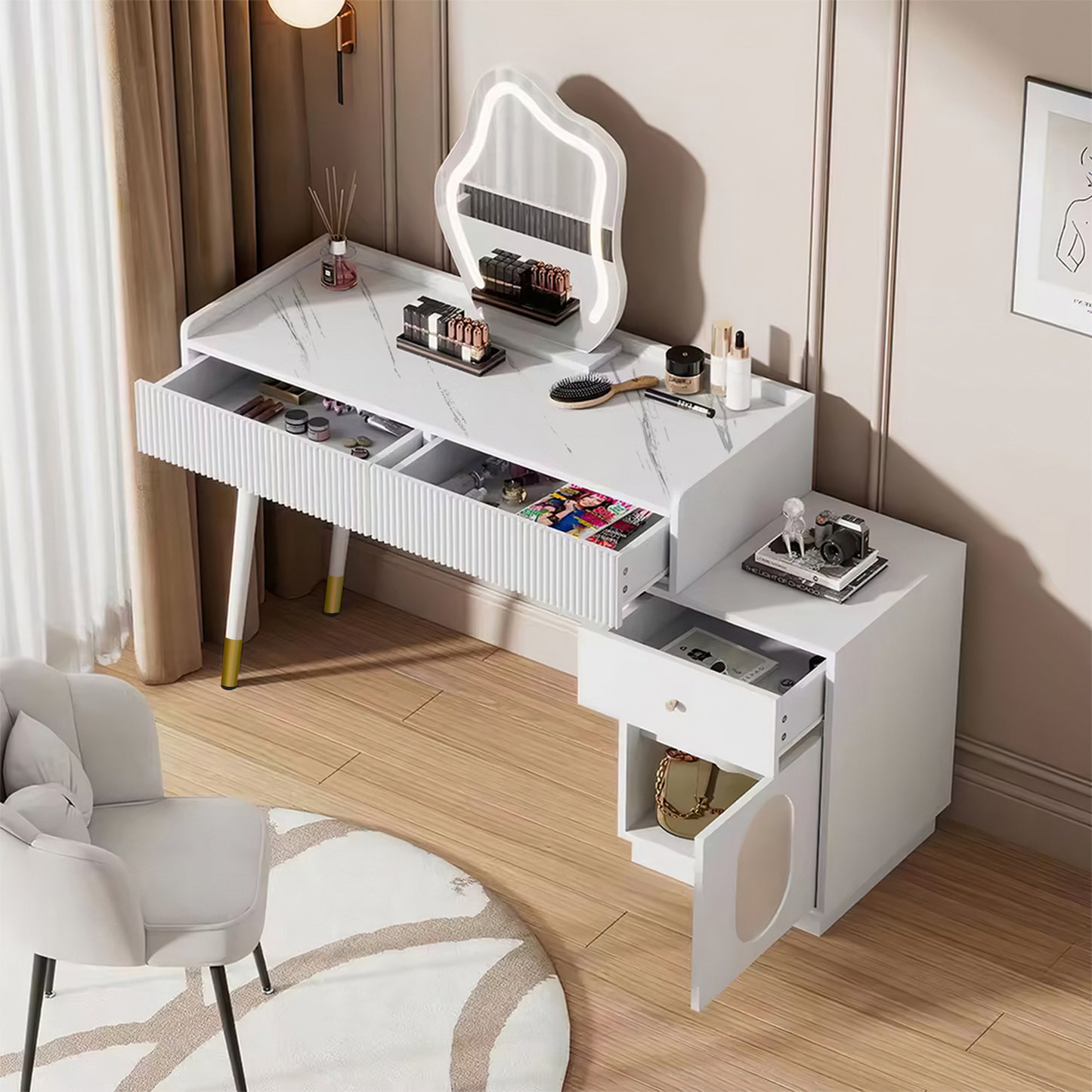 Dressing Table With LED Mirror And Lighting - White Dressing Table Set For Bedroom With Three Spacious Drawers And A Door - Dimensions W100 H75 D40 Cm Without Stool Old Sku RN3190801AAW