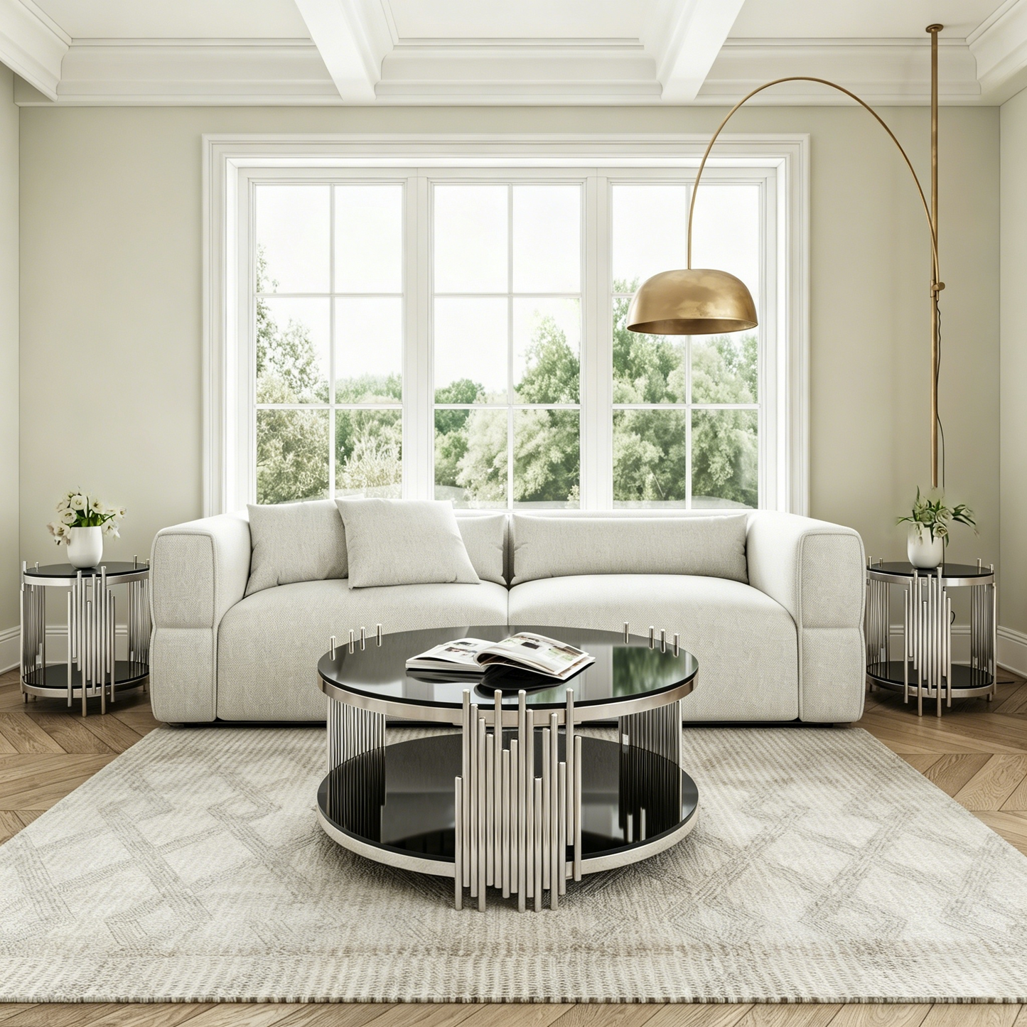 80cm Modern Black Glass Coffee Table,Luxury Living Room Tables With Double Glass Top,Round Cofe Table With Silver Steel Base,Sofa Table Glass Circle Top,Center Table For Living Room Home Office