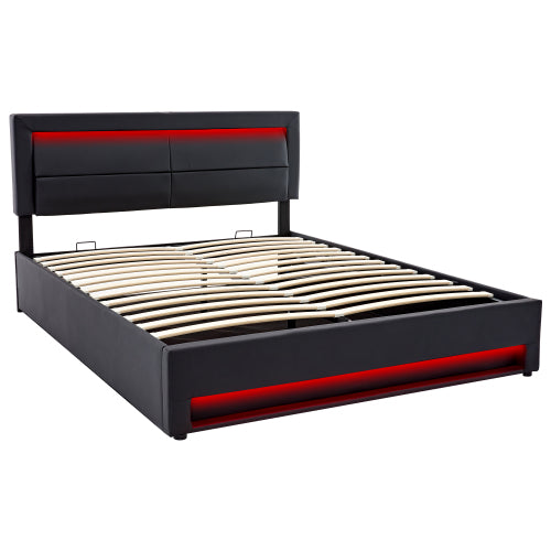 Upholstered Bed 135 X 190 Cm,Double Bed-4ft6,with USB Port  Supports Wireless And Wired Charging, With LED Lighting And Storage Space, Without Mattress, PU-Lychee Design, Black