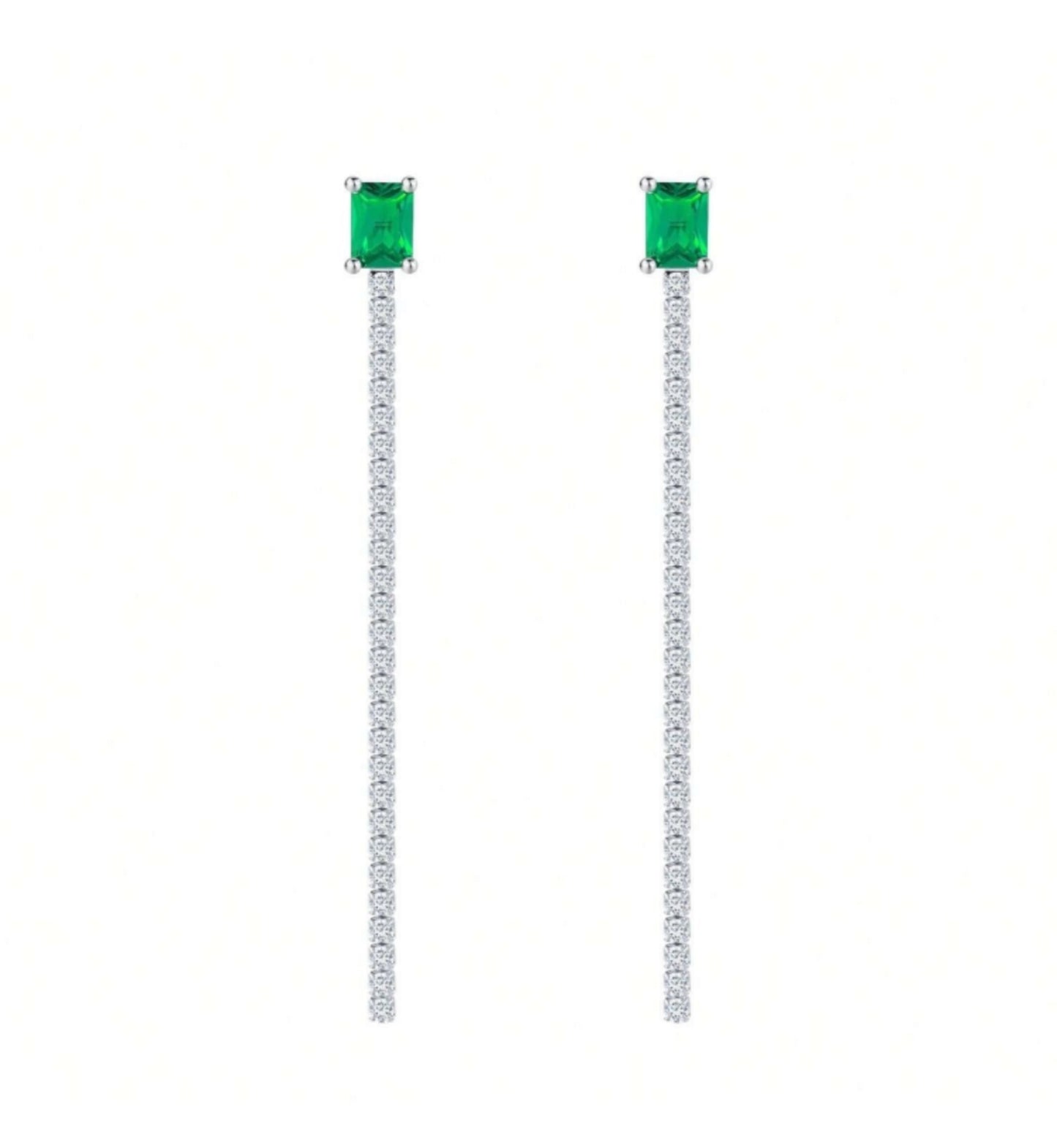 S925 Sterling Silver Lab-Grown Emerald Drop Earrings, 7x5mm Square Cut With Pave Chain, Platinum Plated 4.2g Women's Jewelry Gift Box