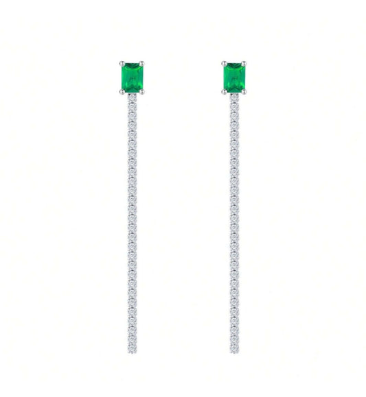 S925 Sterling Silver Lab-Grown Emerald Drop Earrings, 7x5mm Square Cut With Pave Chain, Platinum Plated 4.2g Women's Jewelry Gift Box