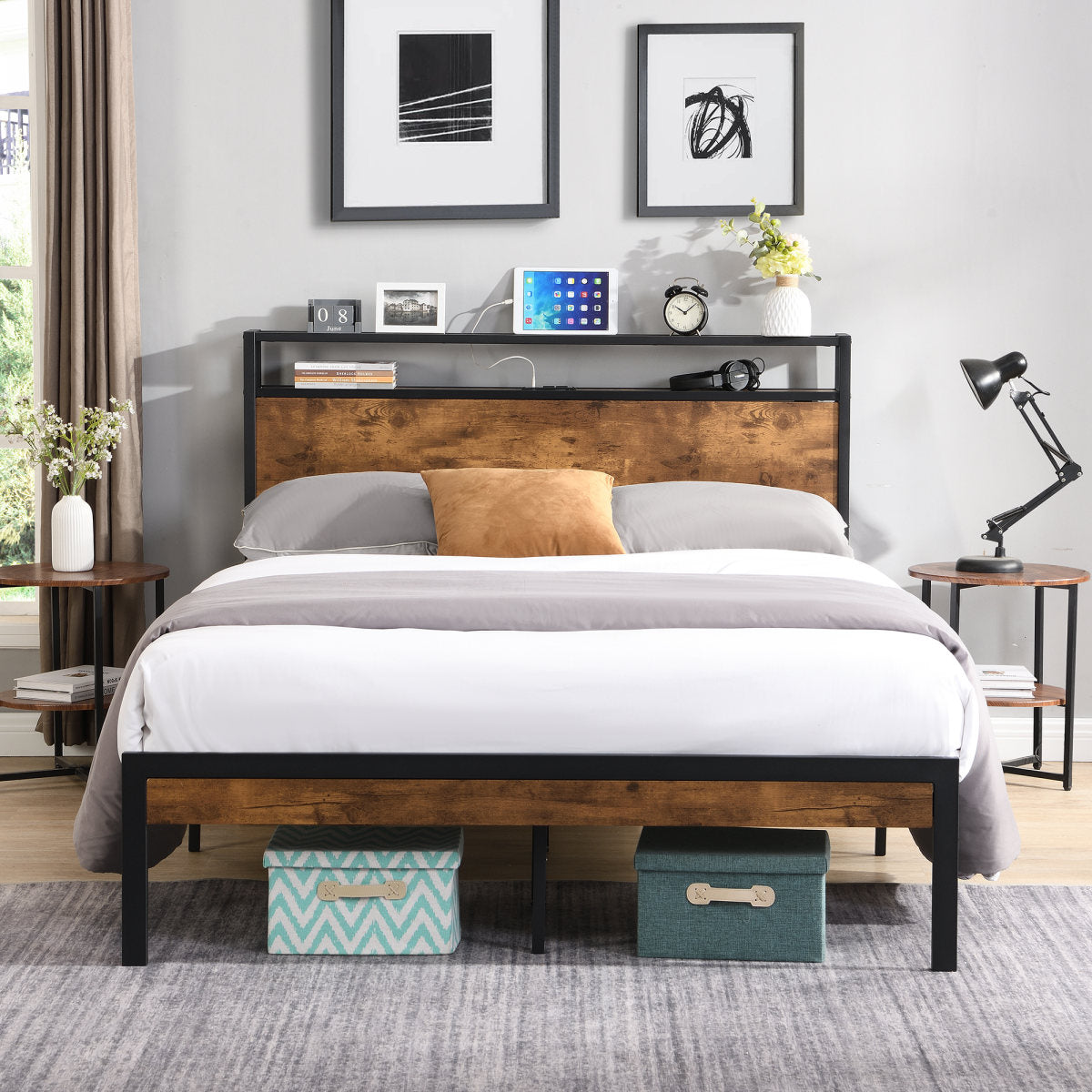 King Size Metal Platform Bed Frame With Wooden Headboard And Footboard With USB LINER, No Box Spring Needed, Large Under Bed Storage, Easy Assemble