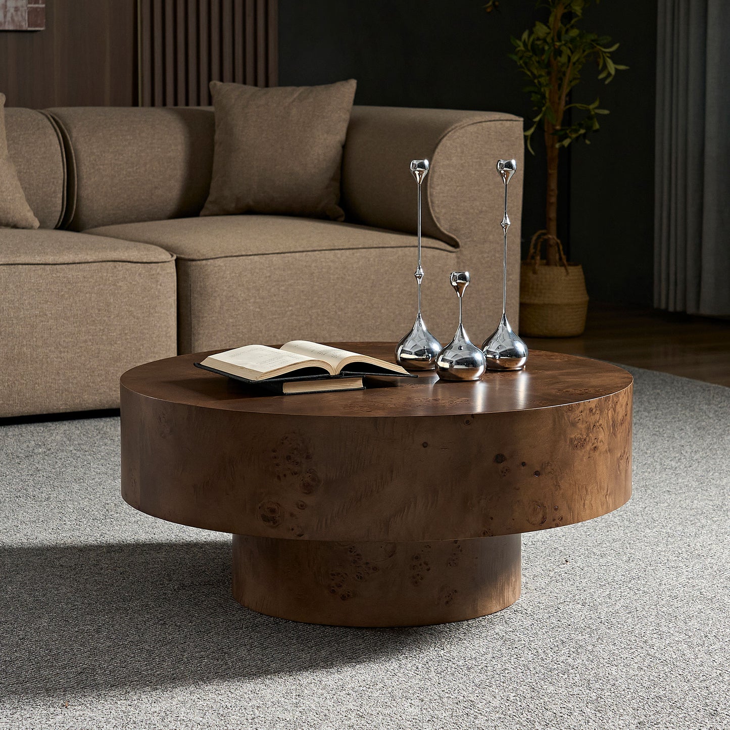 31.49   Burl Wood Veneer Coffee Table And Sturdy Pedestal For Living Room Office Apartment Walnut