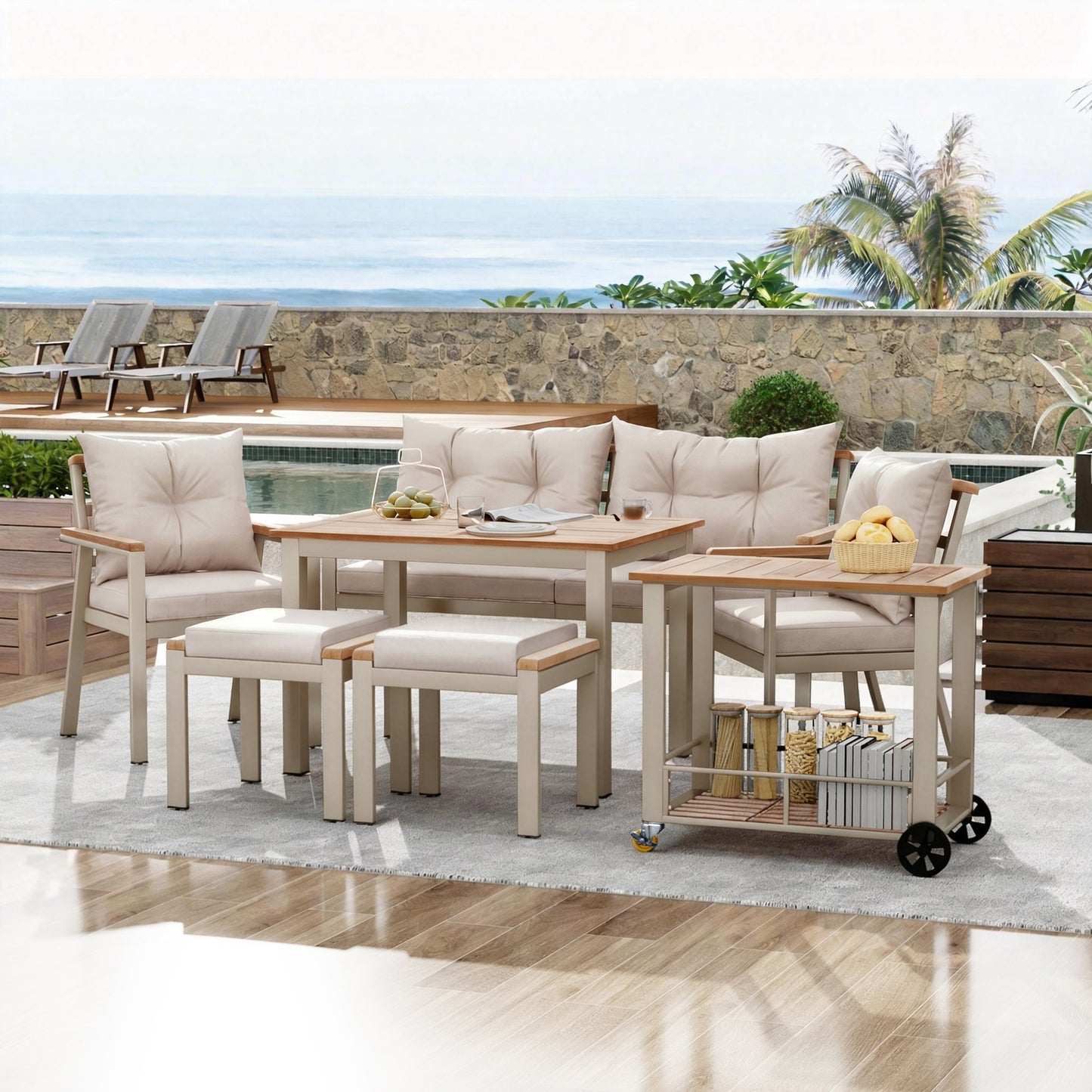 Acacia Wood Dining Table And Chair Set, Outdoor Furniture, 6-7 Seater Garden Dining Table And Chair Set With Armchairs And Removable Dining Trolley, Removable And Washable Fabric Cover
