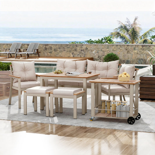 Acacia Wood Dining Table And Chair Set, Outdoor Furniture, 6-7 Seater Garden Dining Table And Chair Set With Armchairs And Removable Dining Trolley, Removable And Washable Fabric Cover