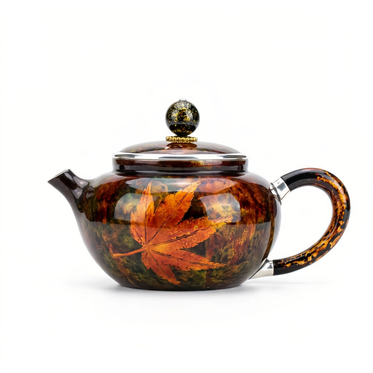 925 Sterling Silver Artisanal Autumn Maple Leaf Teapot Featuring Vibrant Seasonal Foliage and Elegant Silver Accents - Handicraft