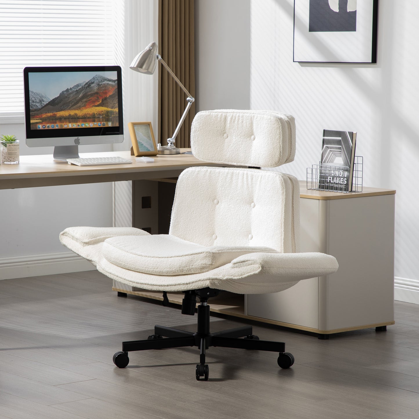 Criss Cross Chair With Adjustable Armrests & Wheels & Headrest, Lounge Vanity Desk Chair With Wide Seat For Cross-Legged Sitting, Swivel Task Office Chairs For Home, Makeup, Gaming, Office, Ivory