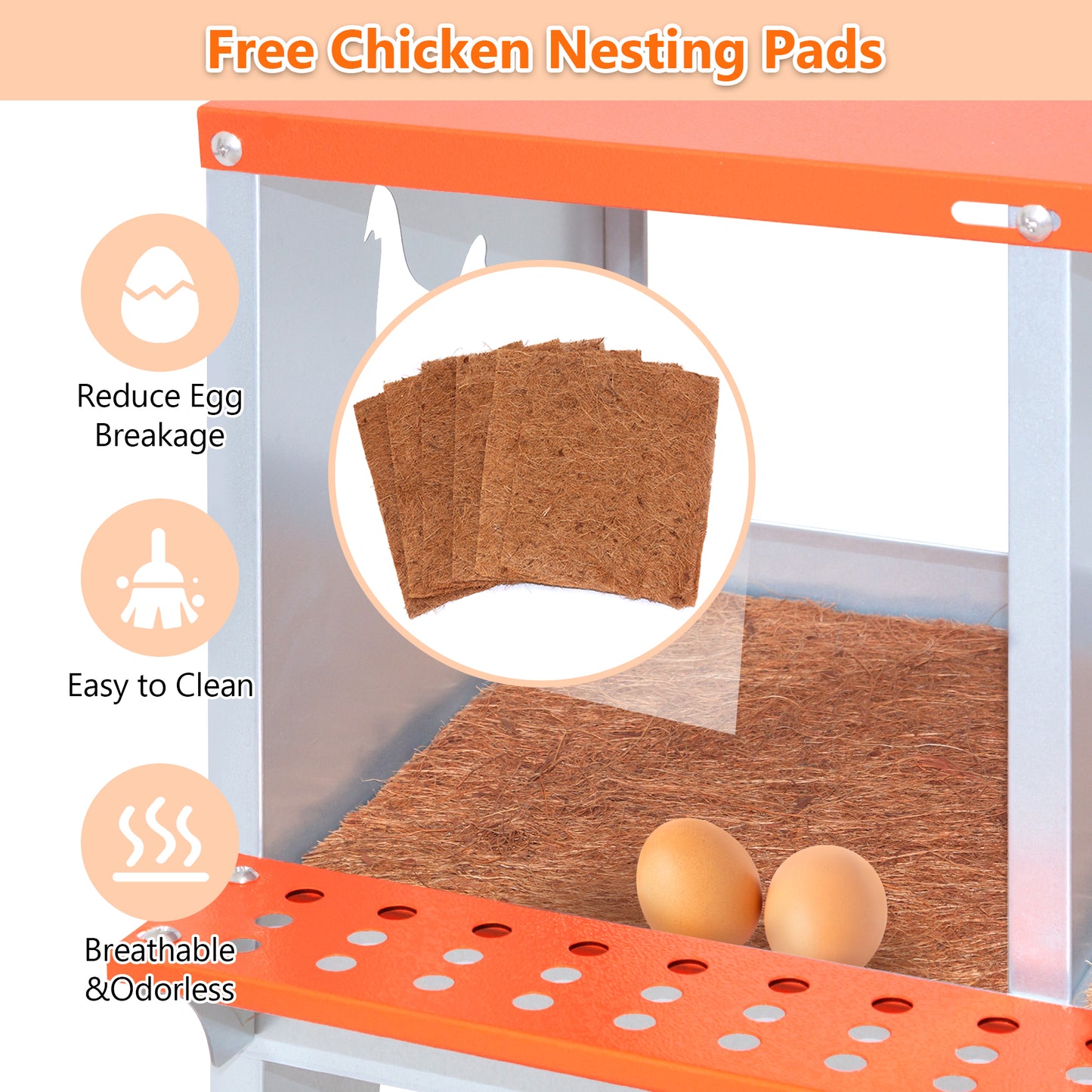 6-Bay Metal Nest Box-Wall Mount For Hens Ducks, Easy Egg  Assembly, Vented Galvanized Steel Coop Equipment Orange