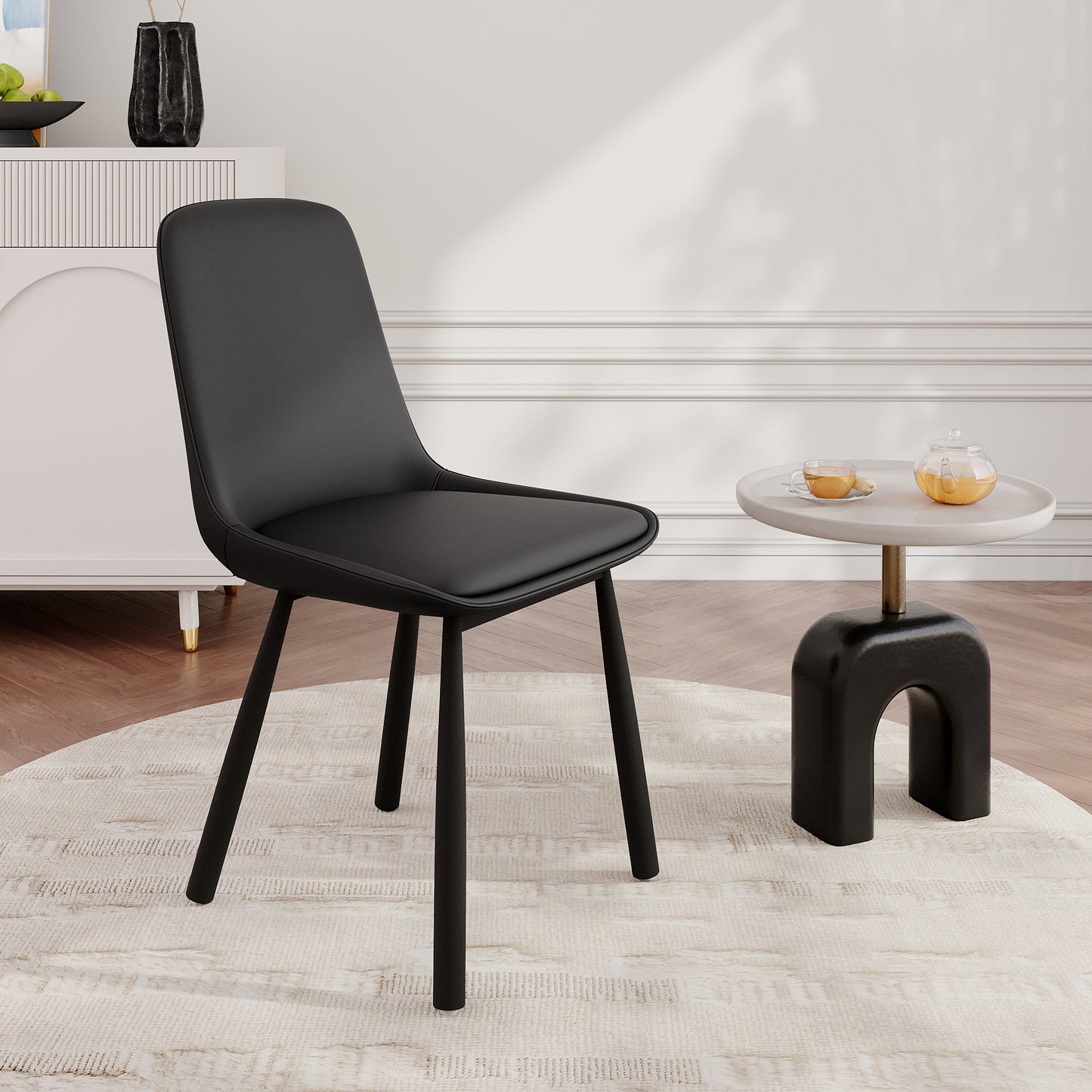 Modern Minimalist Black Faux Leather Dining Chairs Set Of 2, Iron Legs, Nordic Style Upholstered Backrest Chairs For Kitchen & Living Room