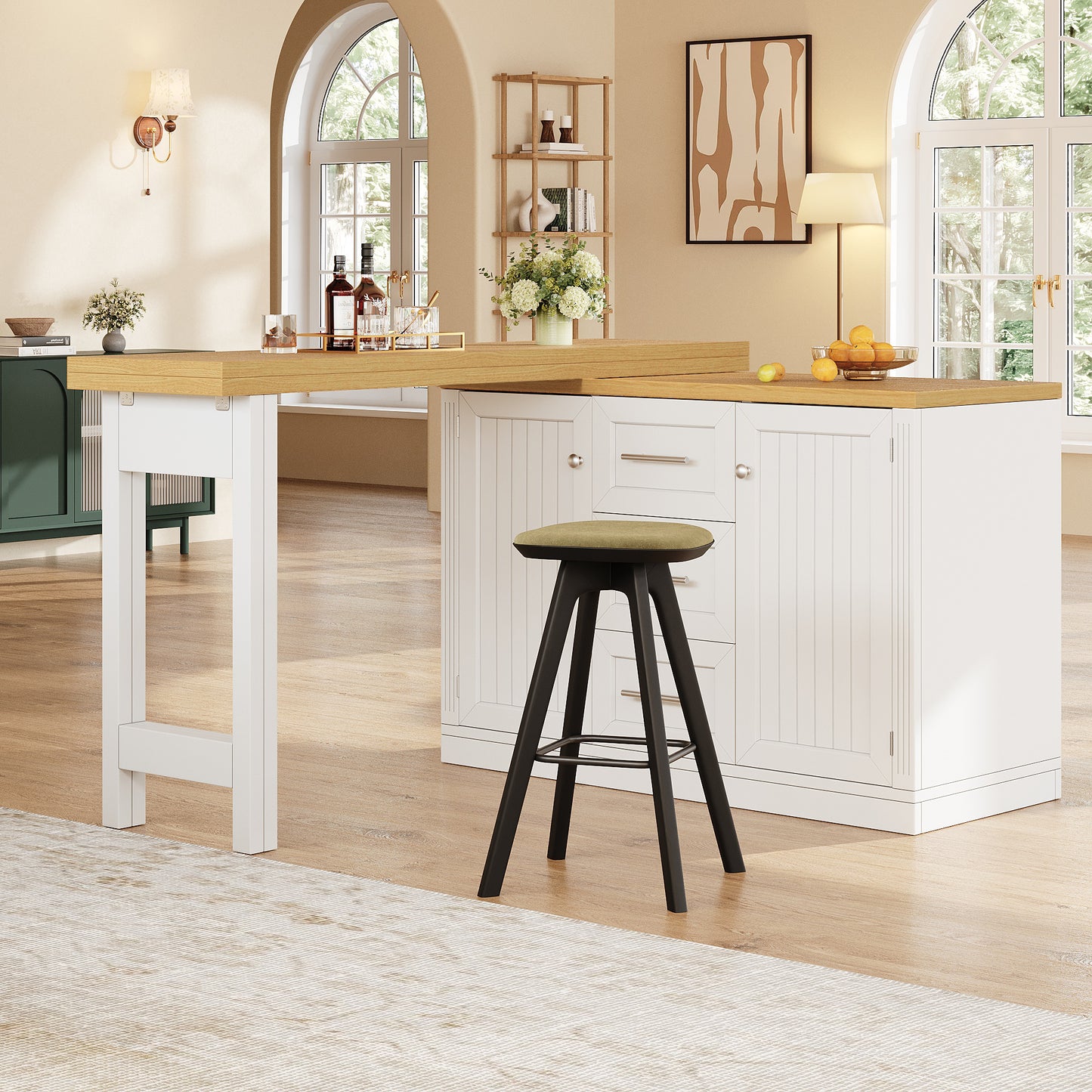 Extendable Sideboard & Table Combo, 120-180 Cm Adjustable Dining Table With Storage, 3 Drawers & Snack Racks, Space-Saving Kitchen Island For Small Flats, White Antique Green