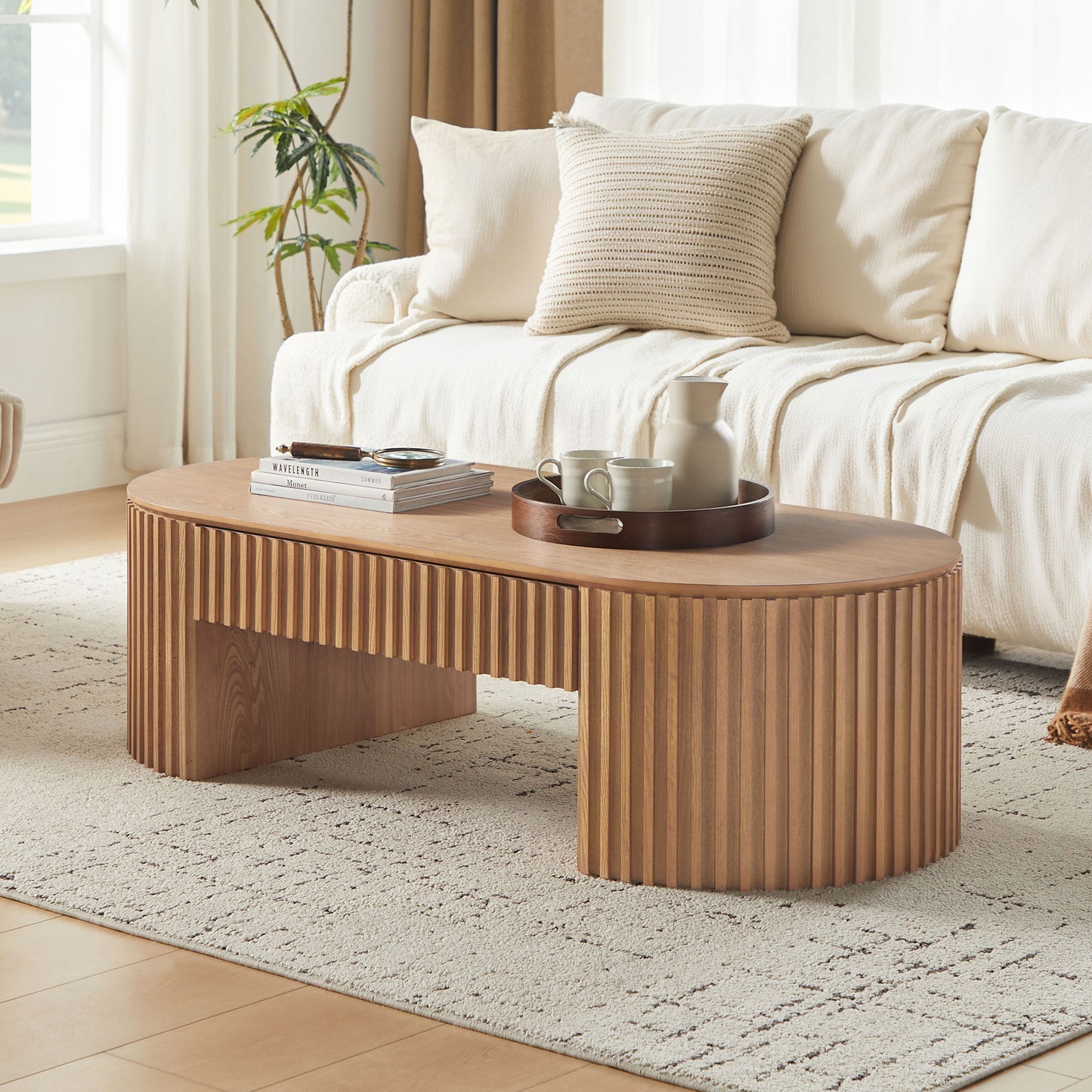 51.18   Oval Wood Coffee Table With Drawer  Mid Century Modern Coffee Table Unique Coffee Table For Living Room Furniture, Tea Table OAK