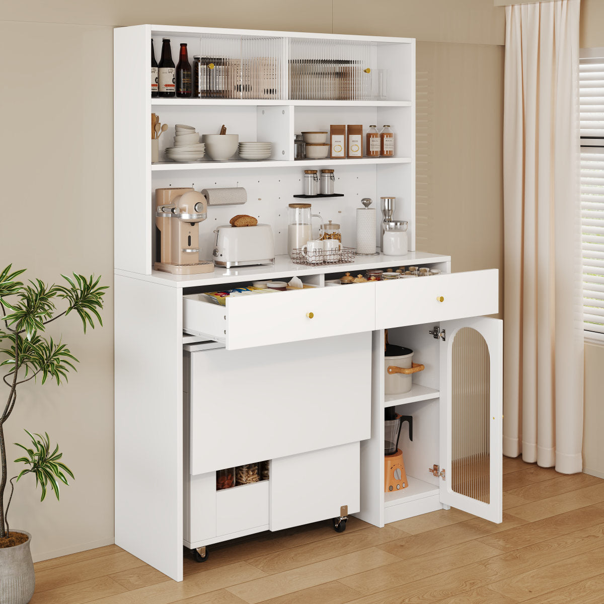 Kitchen Cabinet Set With Folding Dining Table And Bar Table, Mobile Dining Table On Wheels, Tall Cabinet With Storage Space, Furniture Set For Kitchen, Dining Room And Living Room, White