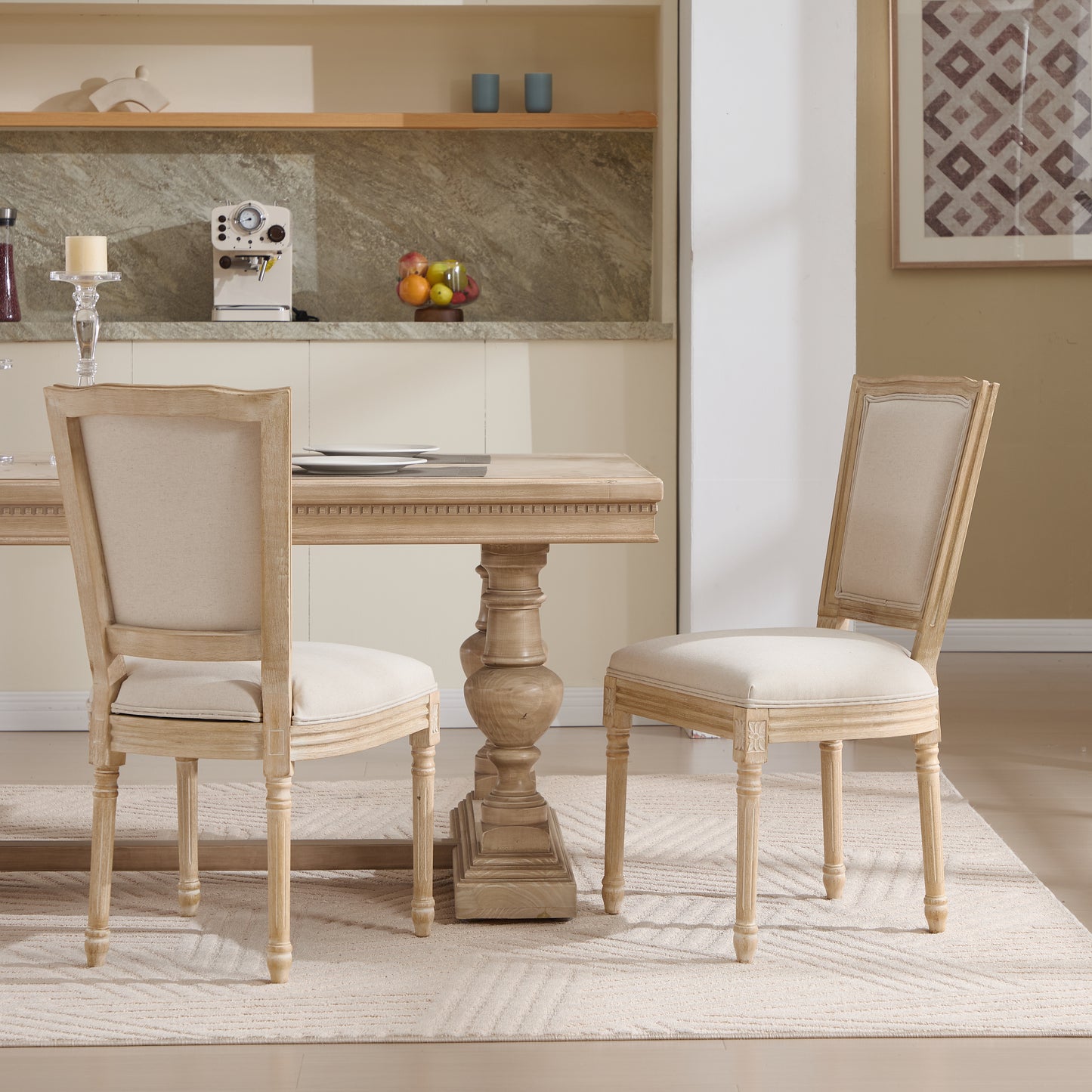 French Country Dining Chairs Set Of 2, Upholstered  Chairs With  T Shaped Back, Wire Drawing And Carving Techniques ,Disassemblable ,  For Living Room, Kitchen , Restaurant Use, Beige