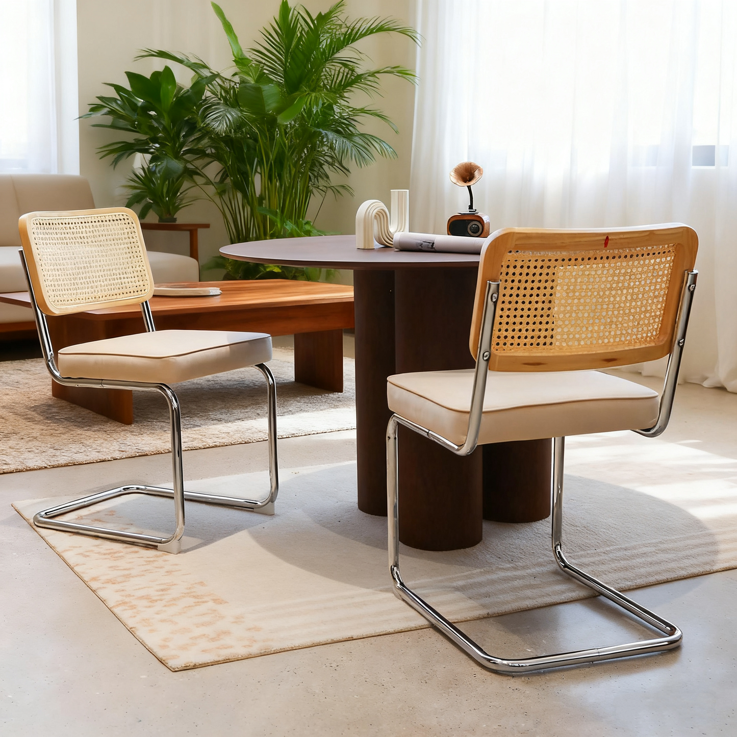 Dining Chairs Set Of 4, Velvet Rattan Side Accent Chairs With Chrome Legs, Modern Mid Century Breuer Designed Chairs, Upholstered Dining Living Room Kitchen Chairs