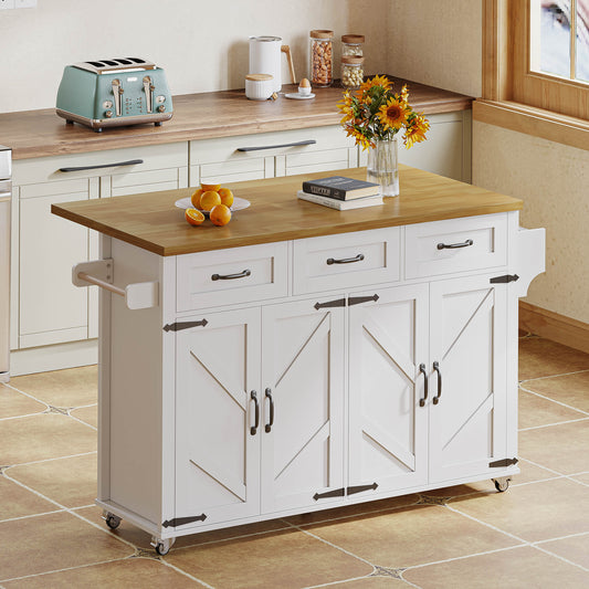 Kitchen Island With Folding Worktop, Equipped With 5 Lockable Castors, 4 Doors, 3 Drawers, Double-sided Towel Rails, Barn Style Design, White, 140x43 X90.5 Cm.