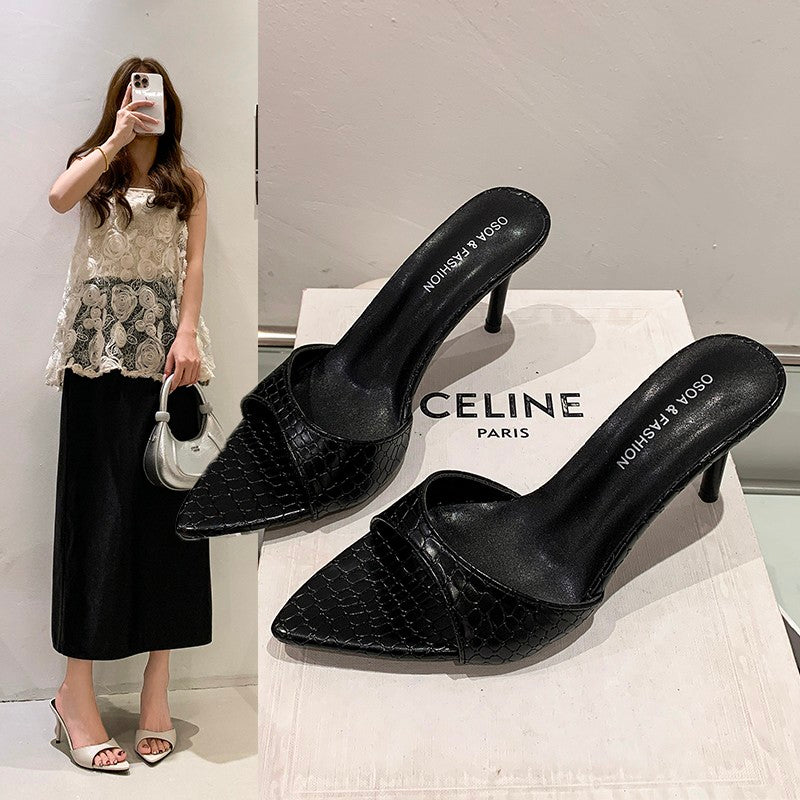 2026 New Patent Leather High Heel Slide Sandals, One Strap Pointed Toe Stiletto Slippers, Elegant Summer Party Footwear