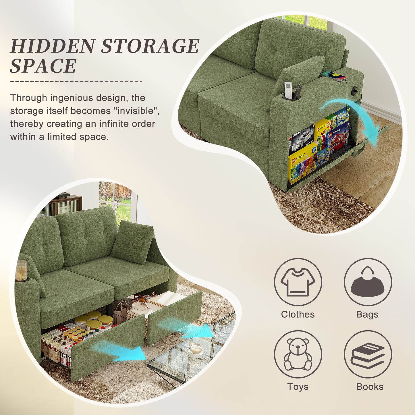 Sofas For Living Room, Couch Set,3 Seats Sofa, USB Charging,Wood Frame,Easy To Install,with Storage, Charging Station,Cup Holder,Modern Sectional Sofas For Living Room, Apartment,Chenille Fabric