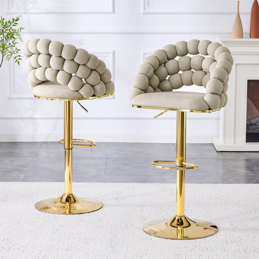 Grey Velvet Bar Stools Set Of 2  Ball Chain Backrest, Gold Plated Adjustment Frame, Stylish For Kitchen Island, Home Bar & Dining Area