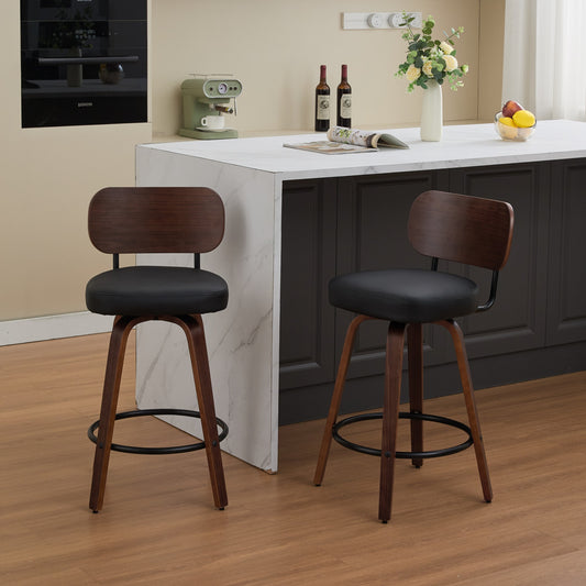 Swivel Bar Stools Set Of 2, 26  Upholstered Faux Leather Counter Height Barstools With Walnut Back & Bentwood Legs, Mid Century Modern Bar Chairs Island Stools For Kitchen Counter, Black PU, SW1864BK