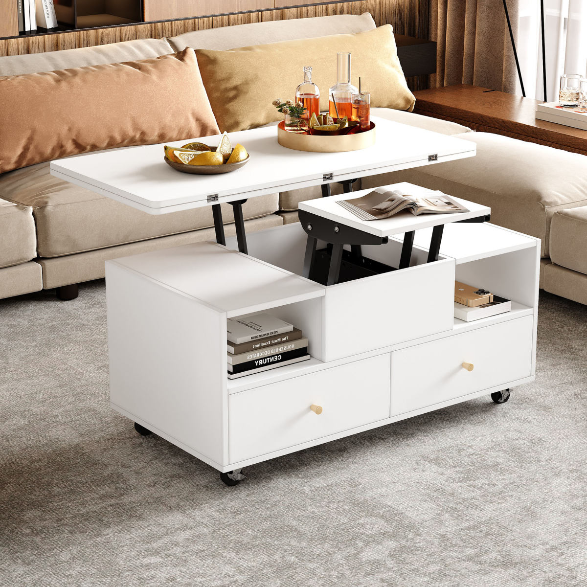 Lift-Top Coffee Table With Wheels, Centre Table With 4 Drawers 2 Lifting Platforms, Extendable Dining & Work Table, Lifting Sofa Side Table, Space-saving End Table,Tea Table,100x50x47.5cm, White