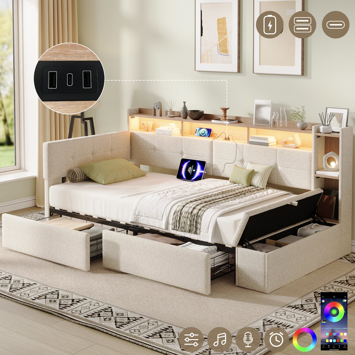 3ft Single LED Daybed With Storage Drawers And Bed End Ottoman Storage, Modern Linen Sofa Bed With Charging Station For Living Room Bedroom Study Room, 90X190cm, Beige  No Mattress