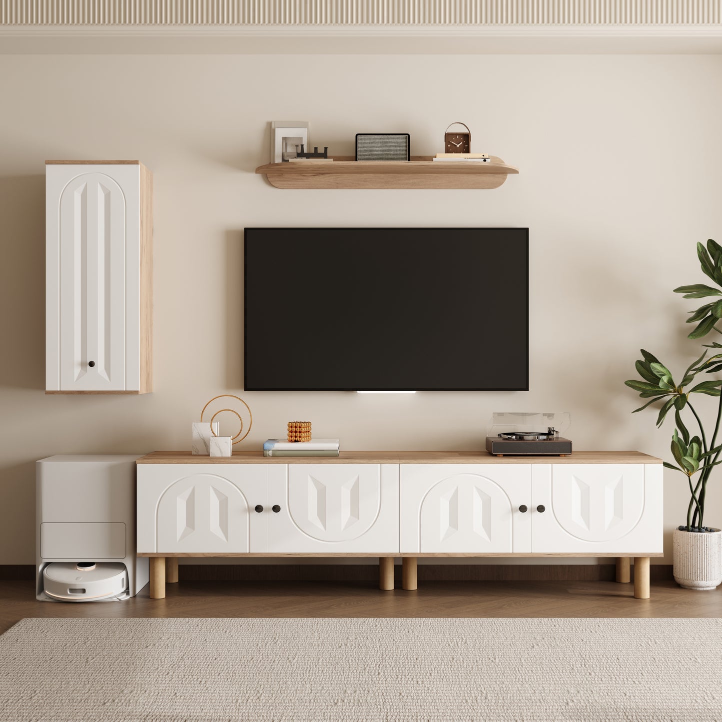 Wall Unit, 3 Pcs., Best. From Highboard, Cabinets, Wall Board. White And Wooden, Carved Door Panels.