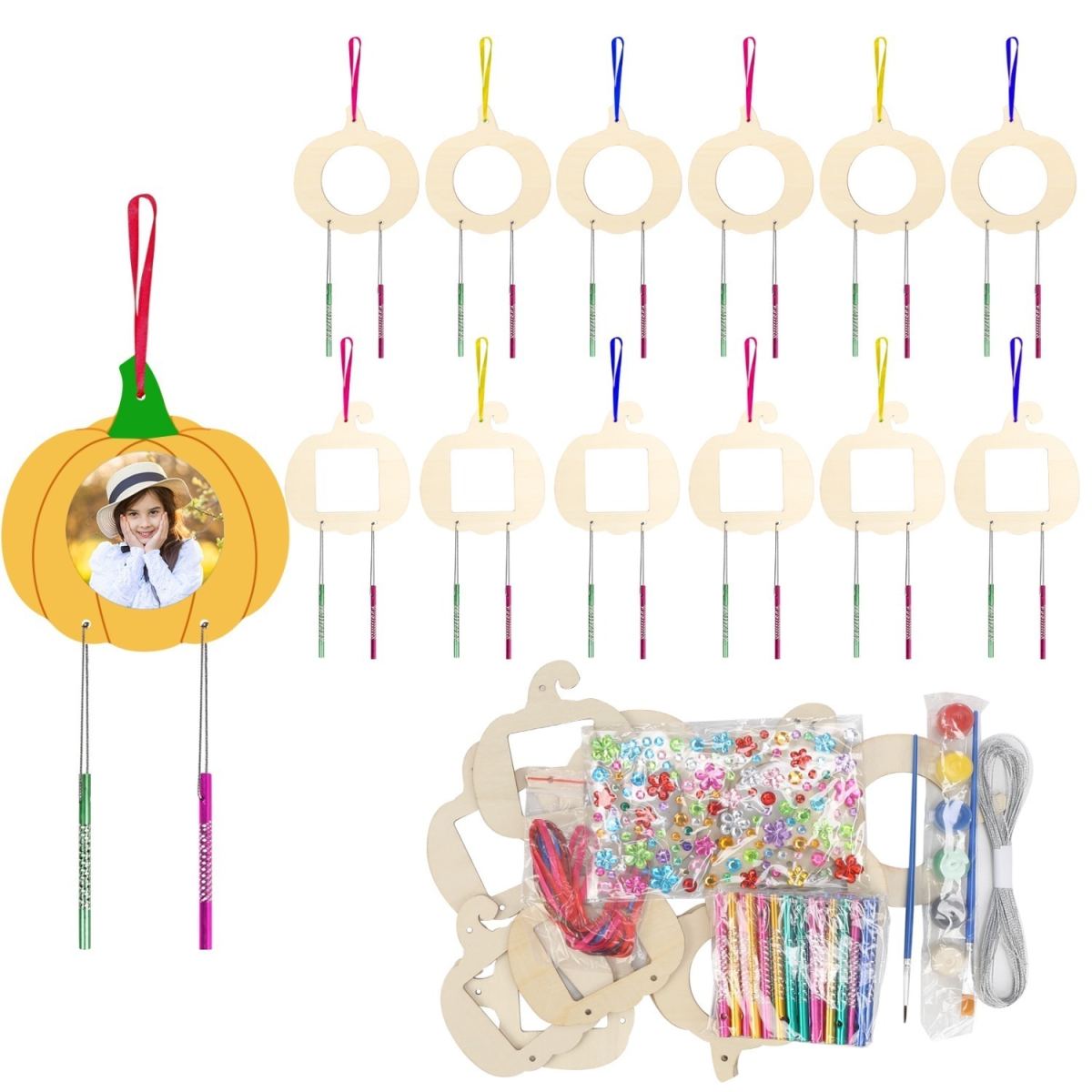 Pack Of 12 DIY Pumpkin Picture Frame Wind Chime Craft Sets; Maple Leaf Painting Crafts; Wooden Fall Crafts For Painting; Fall Leaf Creative Sets For Fall Season, Harvest Festival, And Birthdays