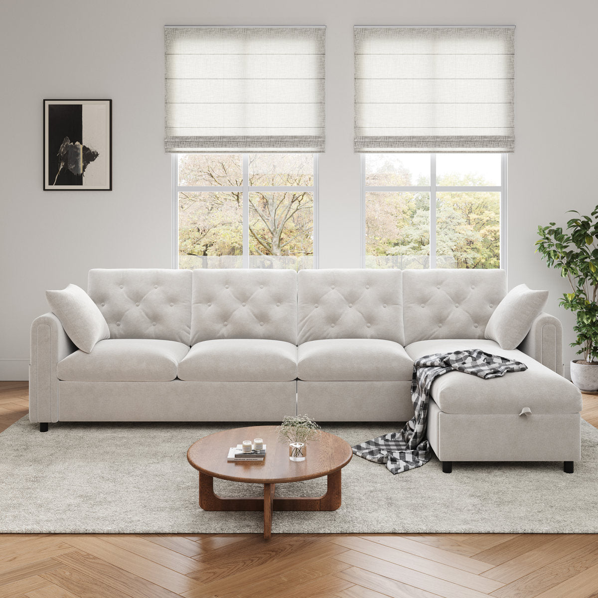 Modern Velvet L-Shaped Sectional Sofa With Storage Chaise, Reversible Corner Storage  Left Or Right Adjustable, Button-Tufted Backrest, Side Armrests With Magazine Pockets, Beige, 281 X 86 X 71 Cm