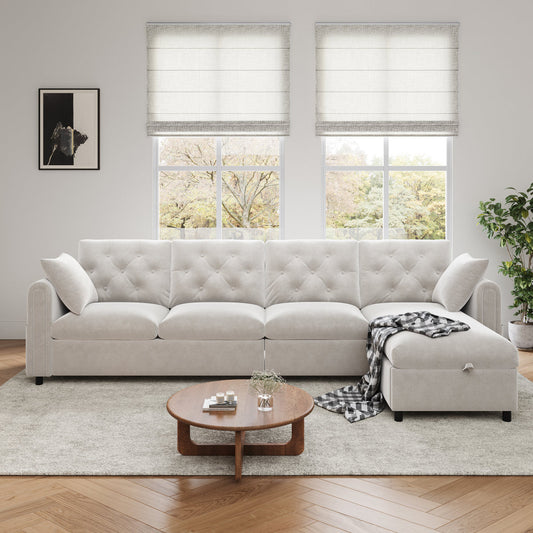 Modern Velvet L-Shaped Sectional Sofa With Storage Chaise, Reversible Corner Storage  Left Or Right Adjustable, Button-Tufted Backrest, Side Armrests With Magazine Pockets, Beige, 281 X 86 X 71 Cm