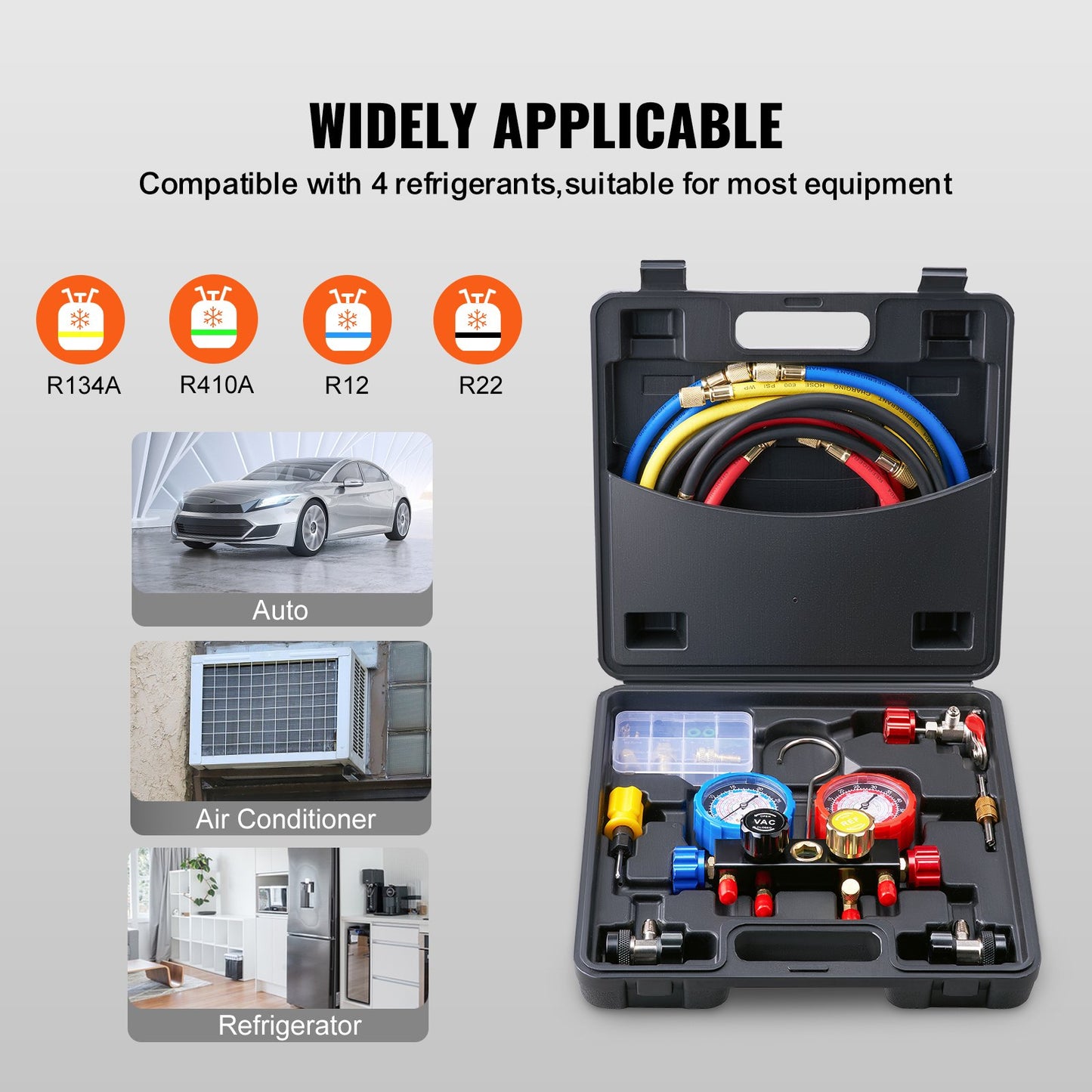 4 Way AC Gauge - AC Manifold Gauge Set For R134A R22 R12 R410A Refrigerant, Freon Gauges With 5ft Hoses, Couplers, Can Tap Works On Car Auto Freon Charging And Evacuation