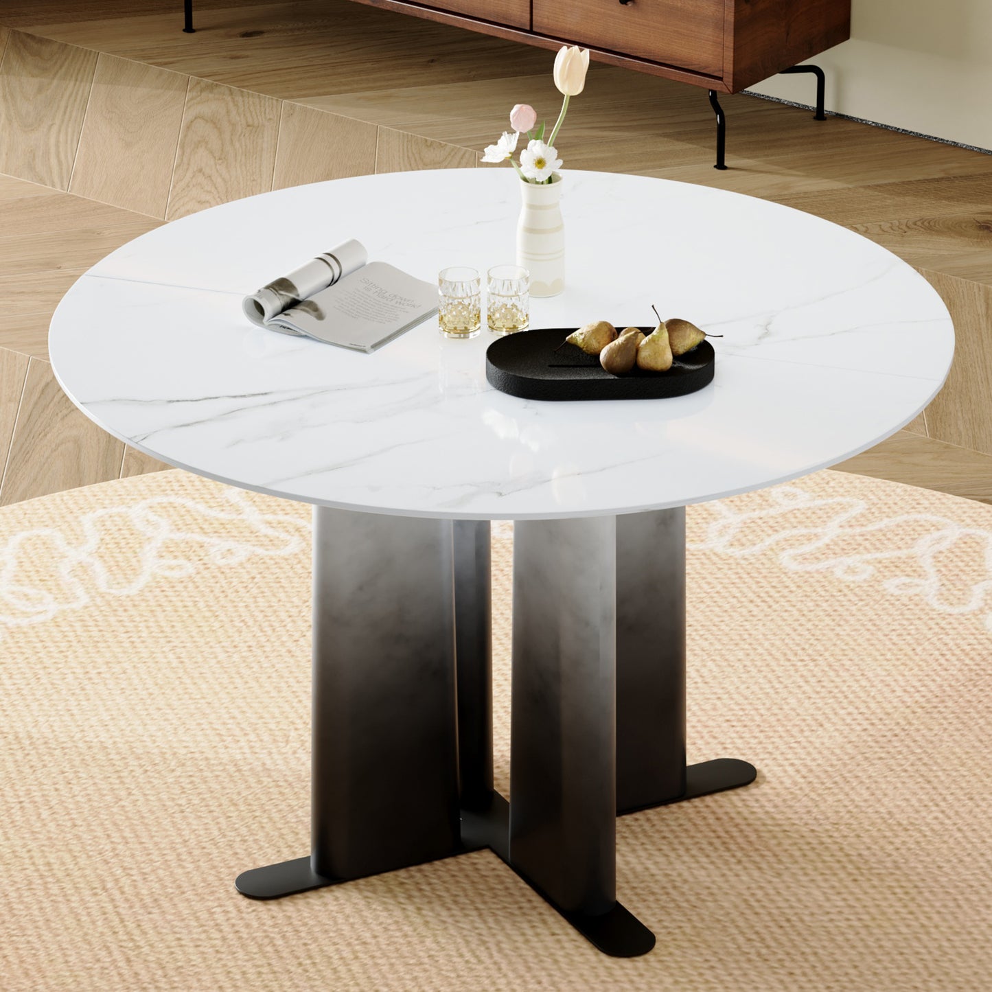 Round White Marble Pattern MDF Dining Table, Black & White Gradient Legs With Cross Base, Compact 2-4 Person Kitchen Table For Small Spaces Home Modern Dining Room Furniture
