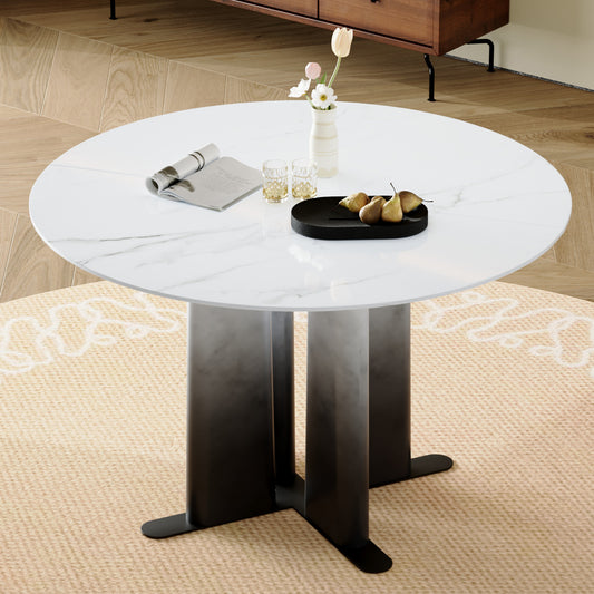 Round White Marble Pattern MDF Dining Table, Black & White Gradient Legs With Cross Base, Compact 2-4 Person Kitchen Table For Small Spaces Home Modern Dining Room Furniture