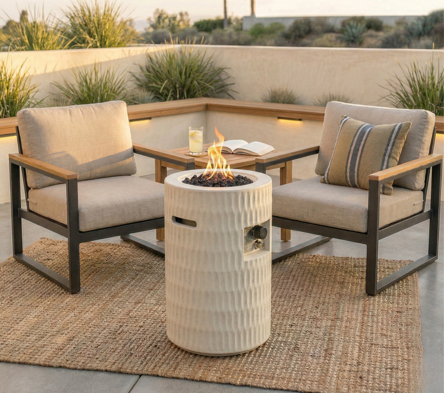 26   Propane Fire Pit, Outdoor Gas Patio Fire Pit 40,000 BTU, Cylindrical Concrete Fire Pit With Hidden 20lb Tank Storage, Modern Textured Fire Column, Includes Lava Rocks & Waterproof Cover -Beige