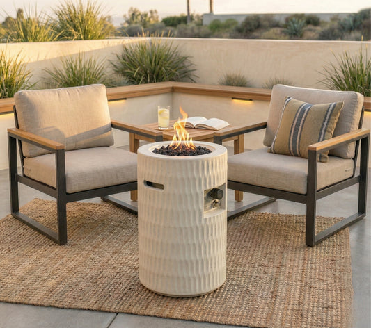 26   Propane Fire Pit, Outdoor Gas Patio Fire Pit 40,000 BTU, Cylindrical Concrete Fire Pit With Hidden 20lb Tank Storage, Modern Textured Fire Column, Includes Lava Rocks & Waterproof Cover -Beige