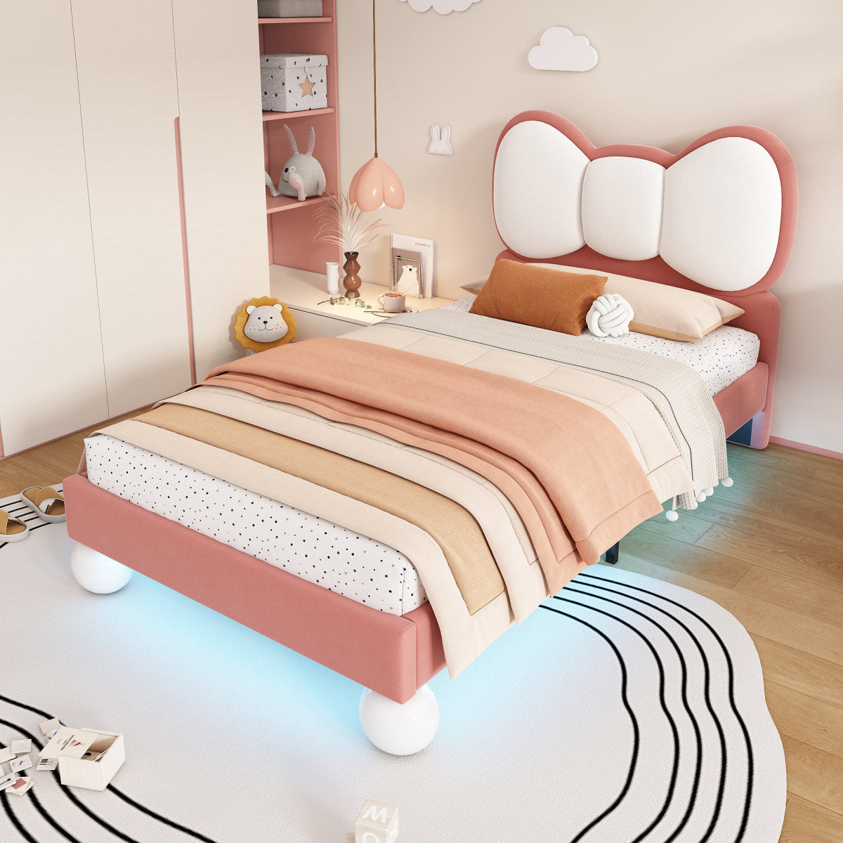 Upholstered Bed, Single Bed, Children's Bed, Bow Tie-Shaped Headboard, Color-Adjustable LED Light Strip Under The Bed, Sturdy Slatted Frame, Velvet, Beautiful Design, Beige  Pink, 90x200cm