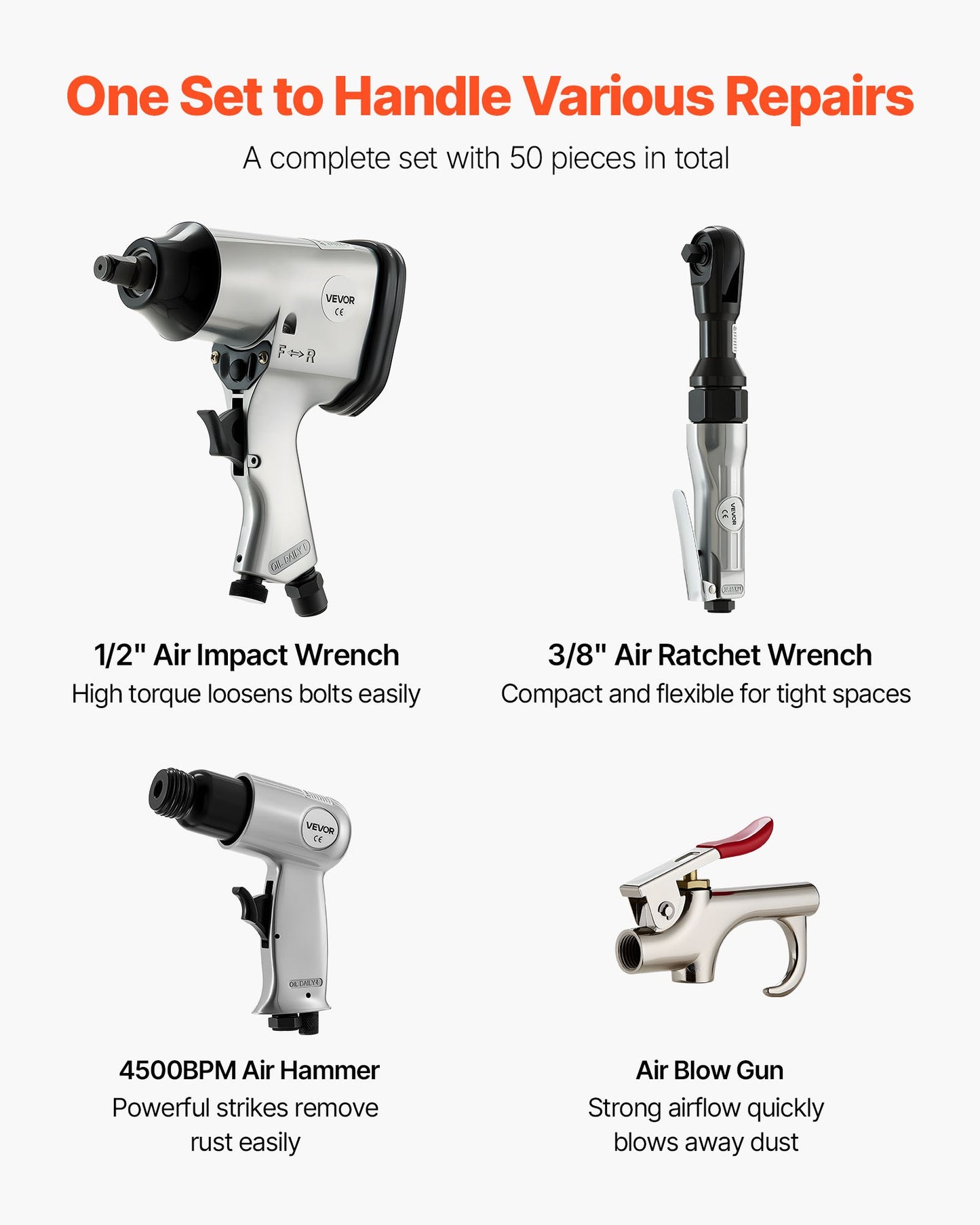 50 Pieces Pro Air Tool And Accessories Kit - 1/2" Air Impact Wrench, 3/8" Ratchet Wrench, 4500BPM Hammer, Blow Gun & Full Accessories For Auto Repairs, Home DIY Projects - With Storage Case