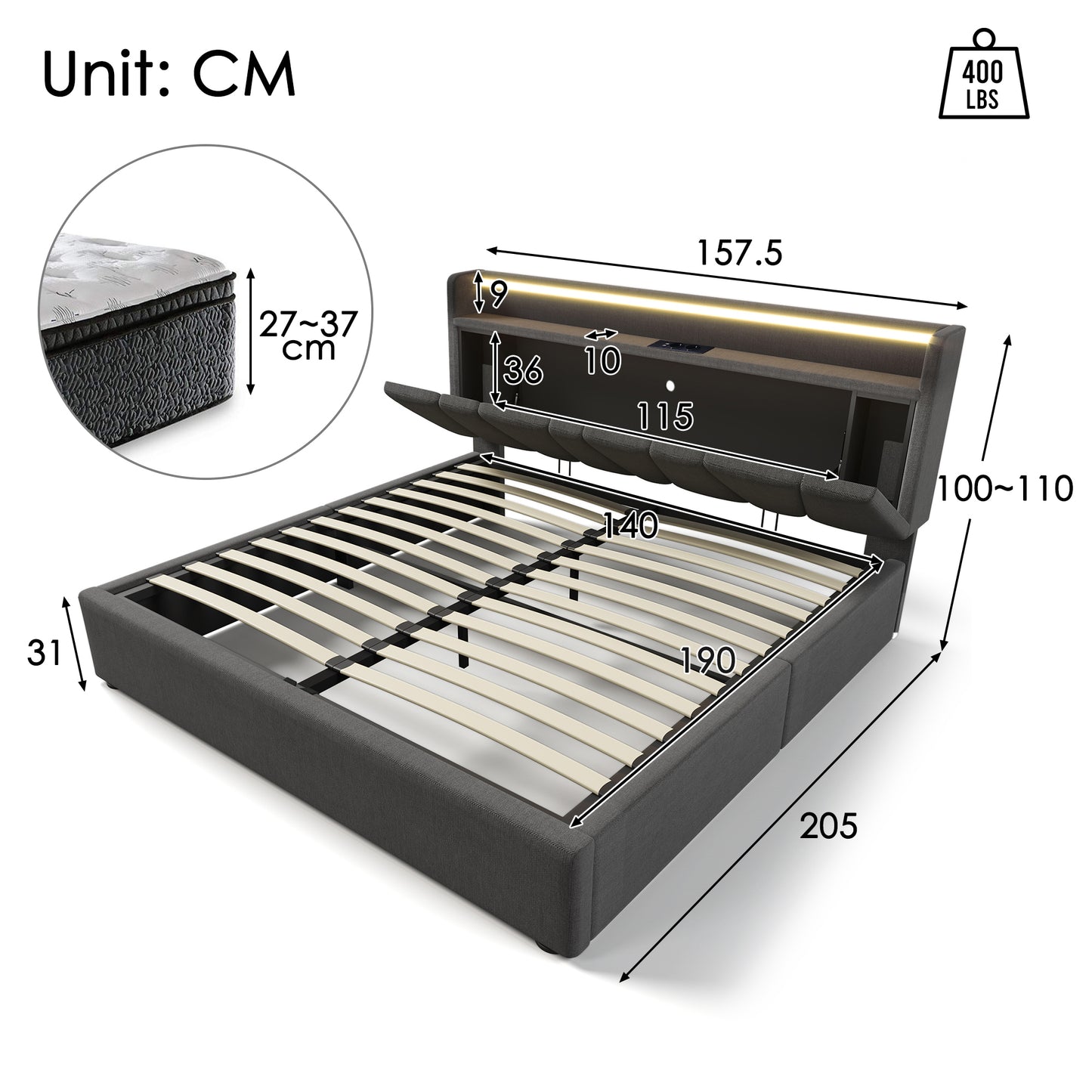 Upholstered Bed Double Bed With Charging USB Charging Function Storage Headboard And LED Lighting, Double Bed 140x190cm Storage Beds Bed Frame, Wooden Slatted Base, Grey Without Mattress