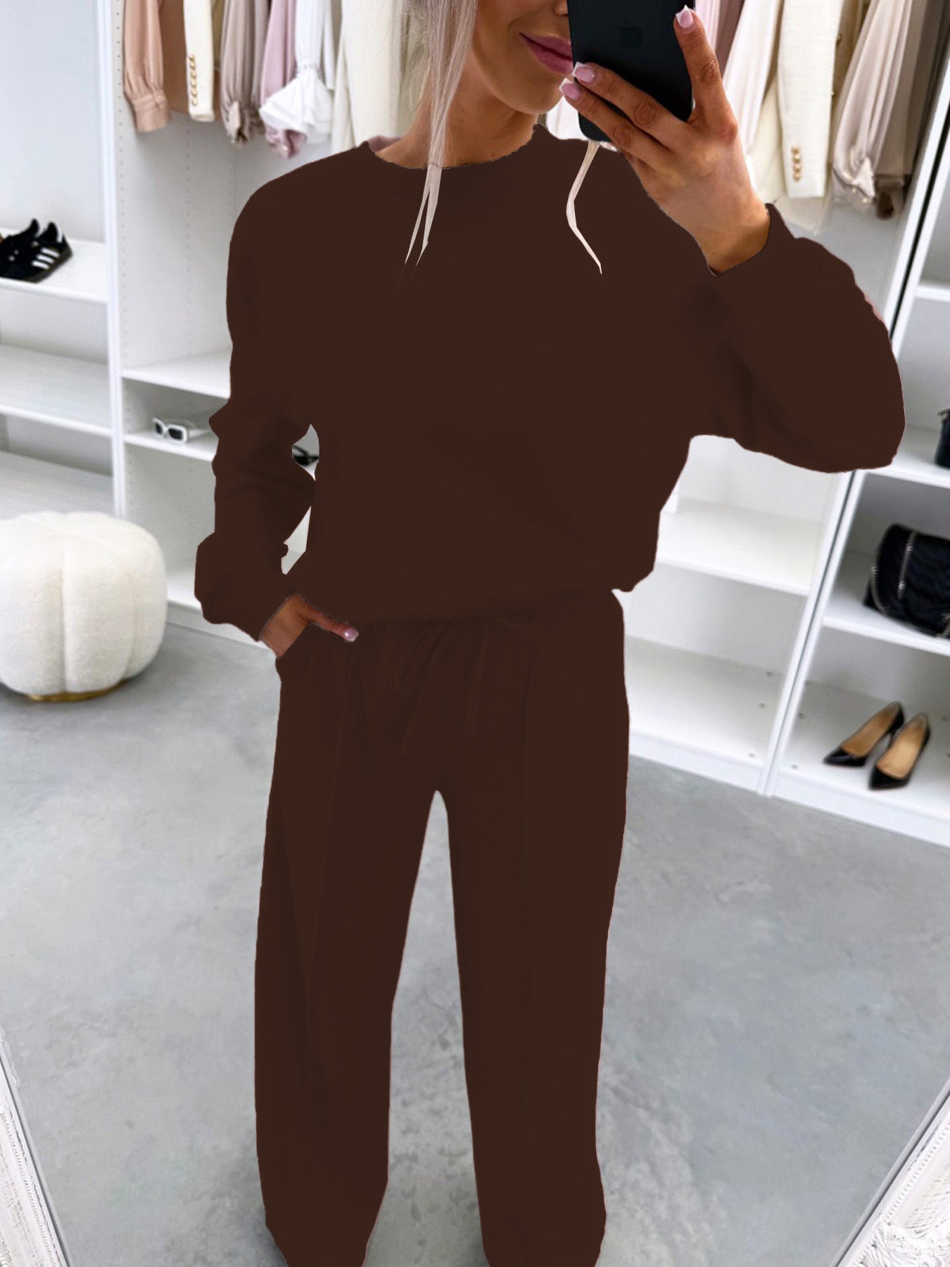 Home-style Drop-shoulder Long-sleeve Top And Casual Pleated Trousers Two-piece Set