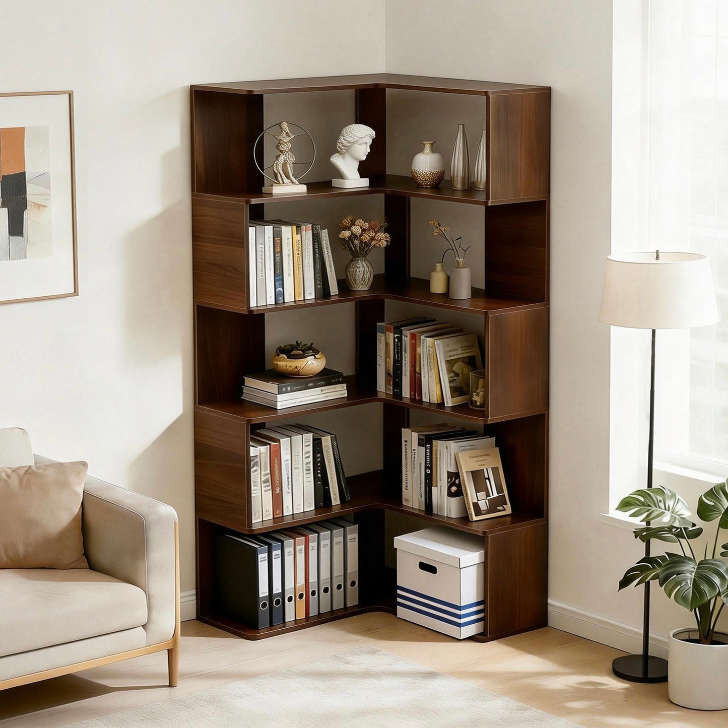 6 Tier Corner Bookshelf, 66  Tall L Shaped Bookshelf With Baffle, Freestanding Display Corner Shelf, Wooden Bookcase With Open Shelf Units For Living Room, Bedroom, Home Office, Walnut