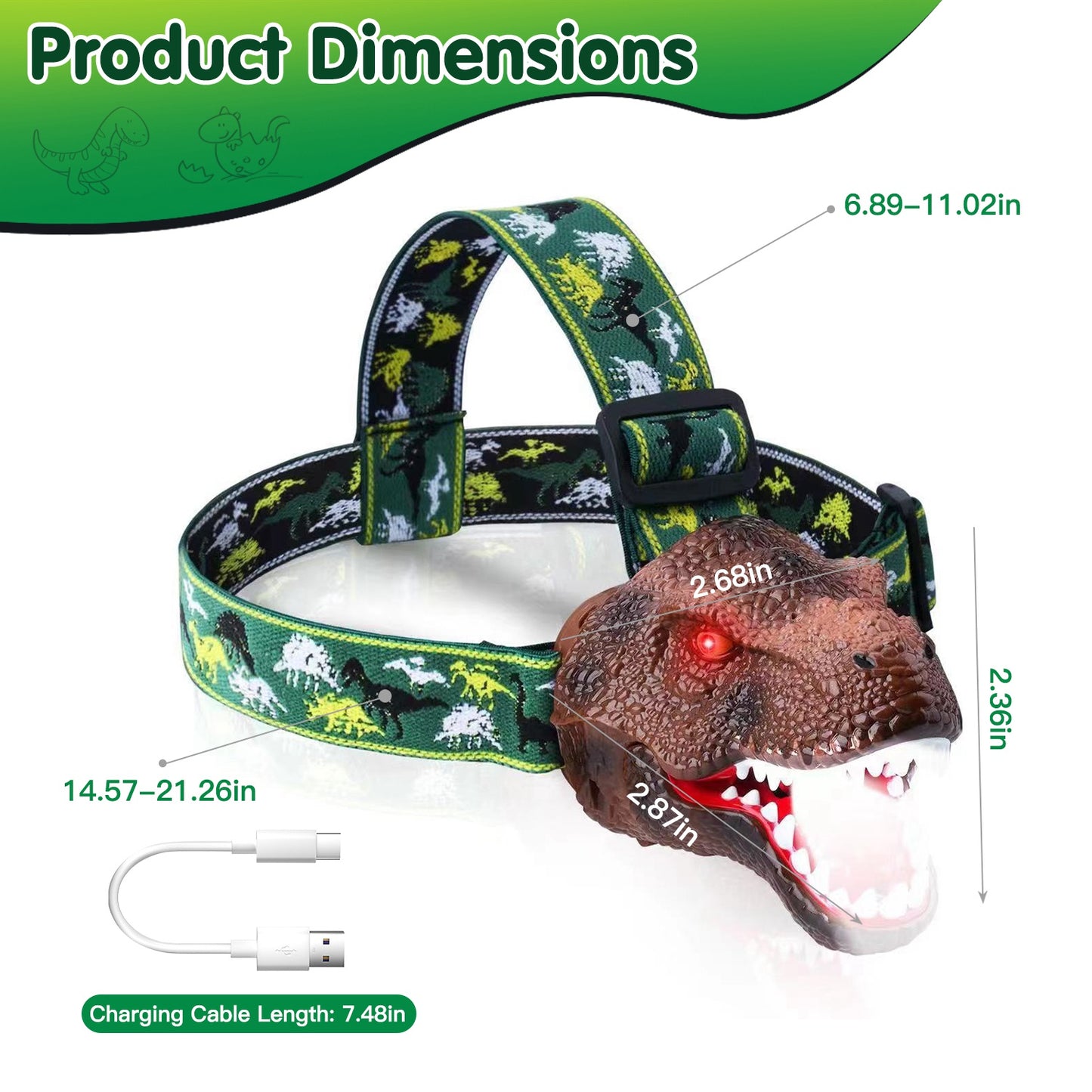 1Pc Dinosaur Headlamp Kids Headlight Dinosaur Flashlight With Realistic Roar Sound 4 Modes Adjustable Headband Kid Camping Gear Unique Gifts For Boys