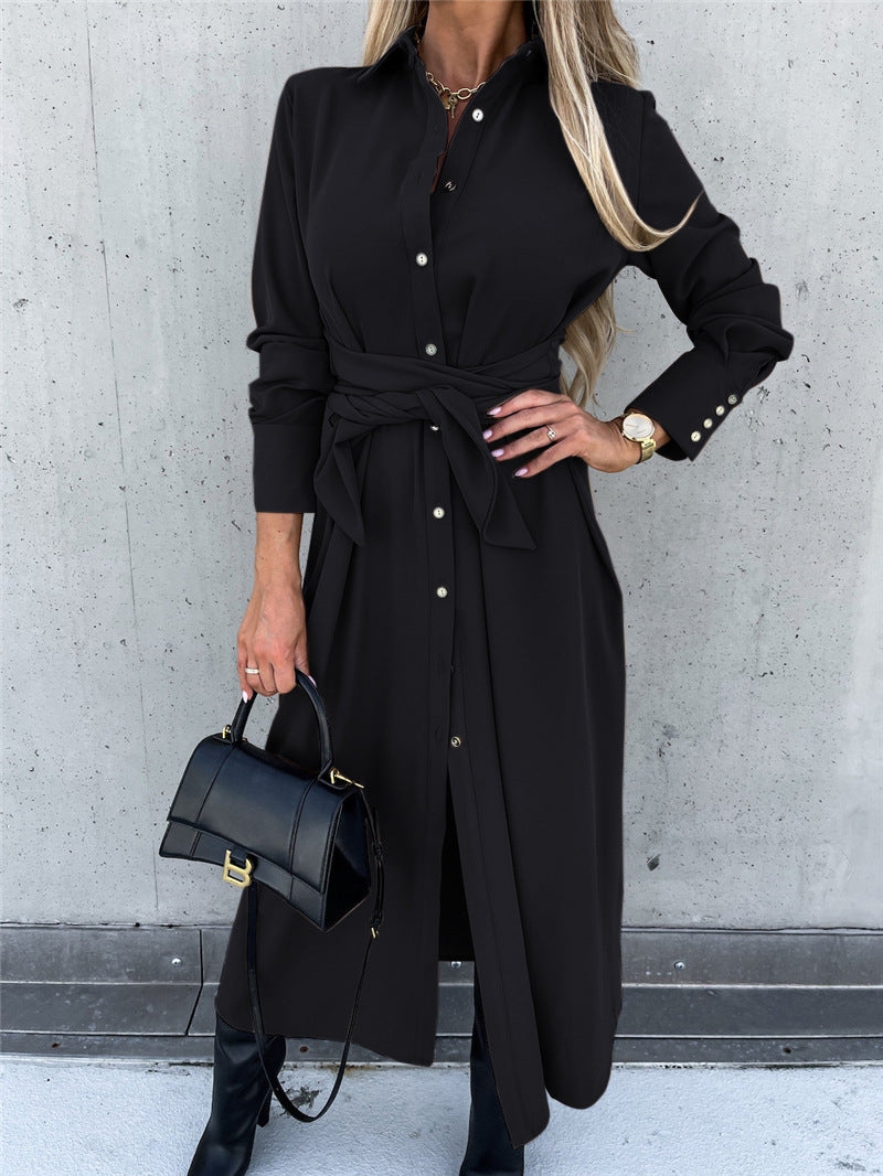 Women's Elegant Lapel Collar Long Sleeve Button Down Belted Shirt Dress, Casual Maxi Dresses With Slit For Office & Daily Wear