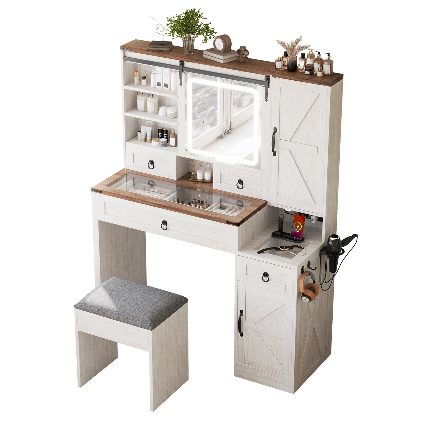 Farmhouse Vanity Desk With Sliding Mirror And Lights, Vanity Set With Glass Top And Charging Station ,Dressing Table With 4 Drawers And 2 Cabinets, Dressing Table With Stool For Bedroom, White