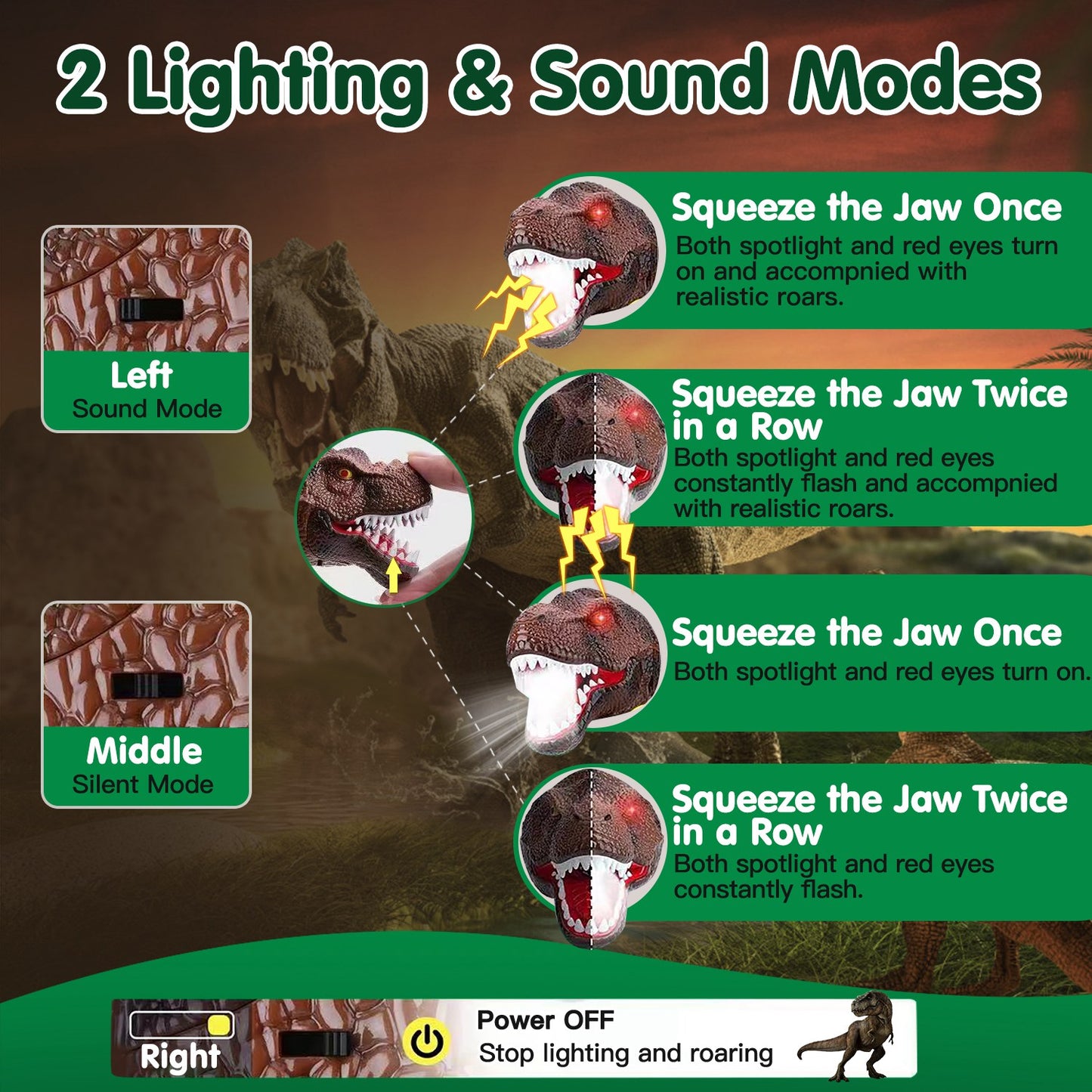 1Pc Dinosaur Headlamp Kids Headlight Dinosaur Flashlight With Realistic Roar Sound 4 Modes Adjustable Headband Kid Camping Gear Unique Gifts For Boys
