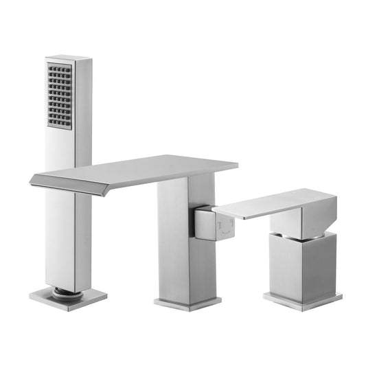 Roman Tub Faucet, 3 Hole Waterfall Bathtub Faucet, Roman Bathtub Faucets Set With Shower Head & 1 Handle, Deck Mount Bath Tub Faucets Set For Adult Bathing, Brushed Stainless Steel, Drip-Free