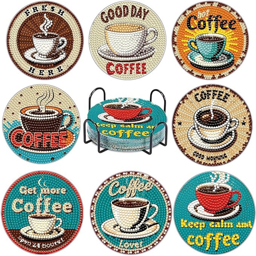 Diamond Art Drawing Coaster With Bracket, DIY Coffee Pattern Diamond Art Coaster, Suitable For Adults And Beginners Diamond Drawing Kit, Diamond Kit Craft Supplies, Exquisite Gifts For Friends