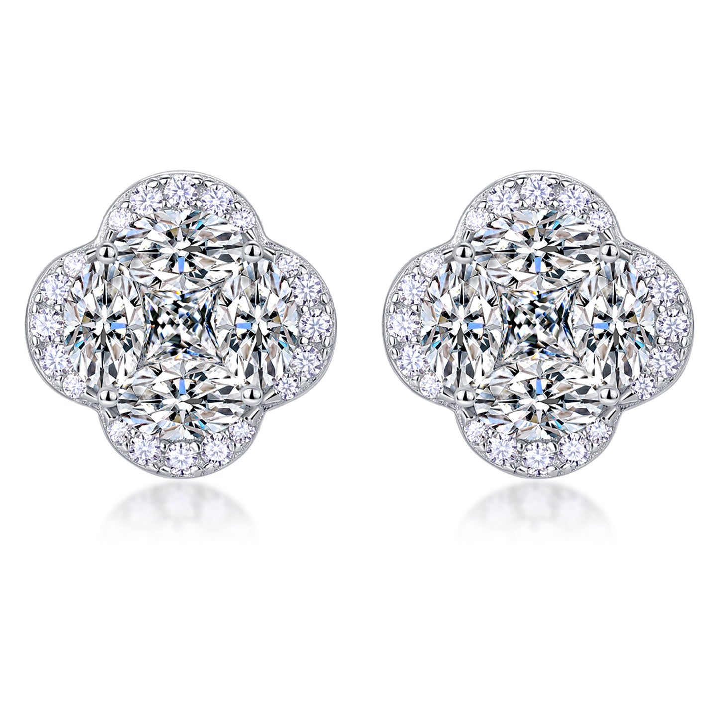 S925 Sterling Silver Four-Leaf Clover Stud Earrings, D-VVS1 Marquise Moissanite Cluster Halo, Platinum Plated 3.6g Women's Jewelry Gift Box