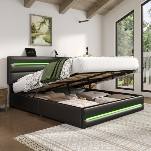 5ft King Upholstered Bed Frame With Hydraulic Storage, PU Ottoman Bed With LED Lighting And Charging Station, LED Adjustable Headboard With USB And Type - C Ports, Black
