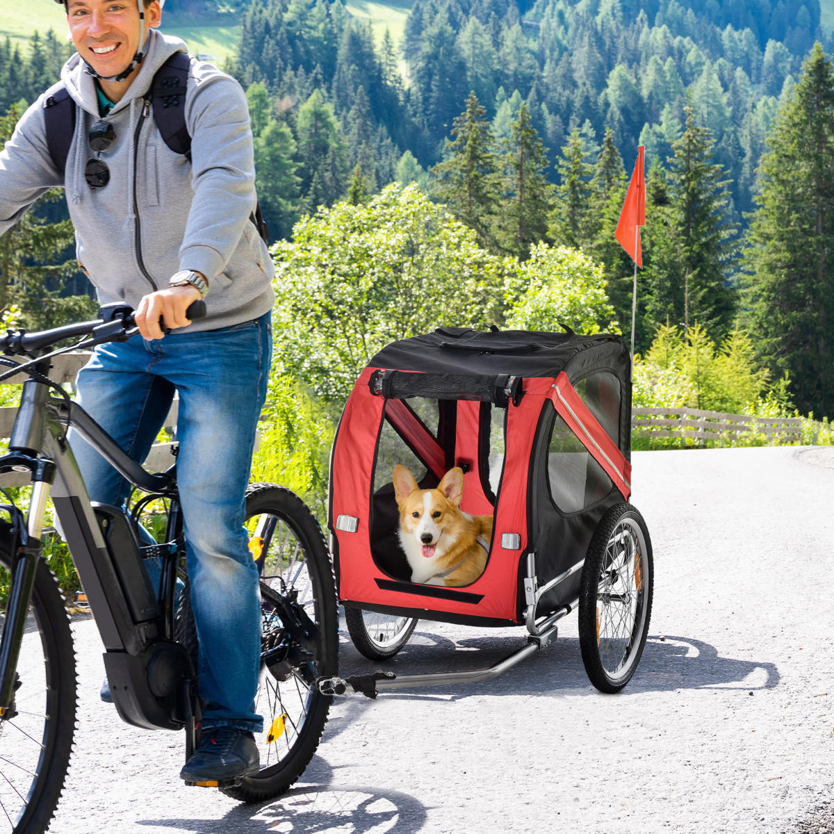 Dog Bike Trailer, Pet Wagon Bicycle Trailer With Easy Folding Cart Frame, 20" Large Rubber Wheels, 3 Entrances, Mesh Screen, Pet Bike Trailer For Off-Road & Travel, Red And Black
